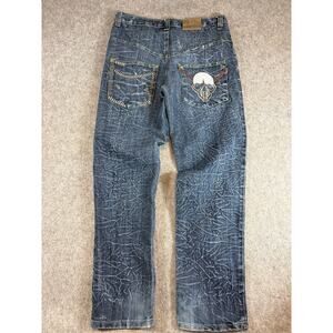 Vtg 90s HD SKSPORT Crinkled Graphic Baggy Jeans Mens 32 Blue Denim y2k grunge